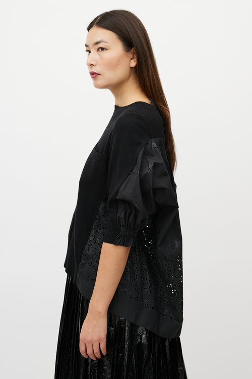 Sacai Black Knit Pleated Eyelet Top