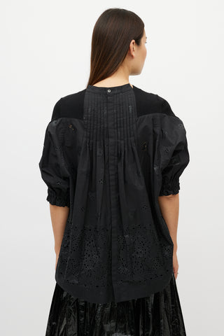 Sacai Black Knit Pleated Eyelet Top