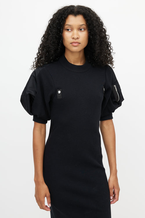 Sacai Black Ribbed Knit 
Nylon Puff Dress