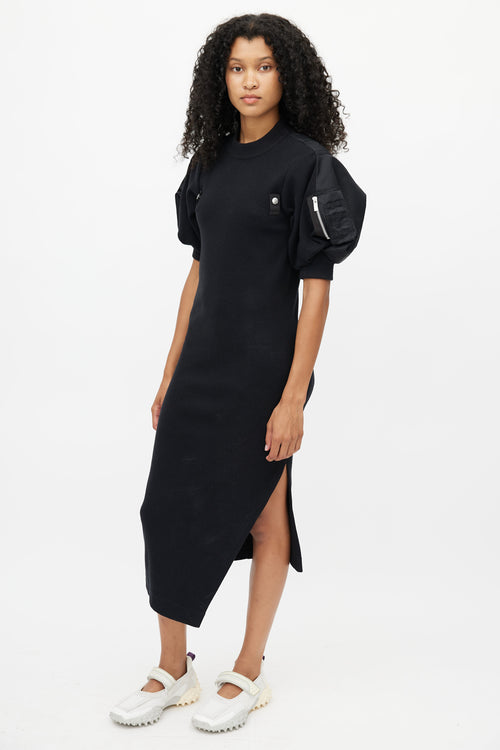 Sacai Black Ribbed Knit 
Nylon Puff Dress