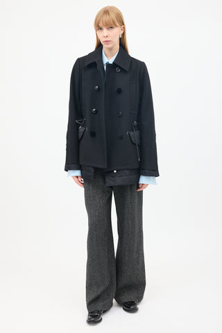 Sacai Black Wool 
Nylon Drawstring Waist Pea Coat