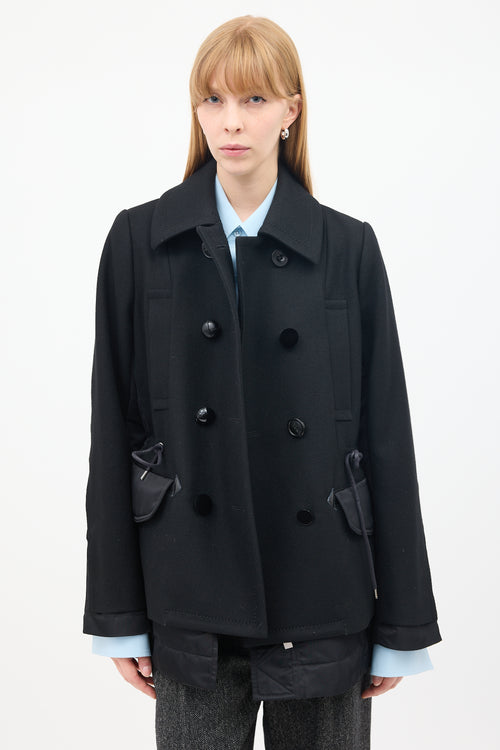 Sacai Black Wool 
Nylon Drawstring Waist Pea Coat