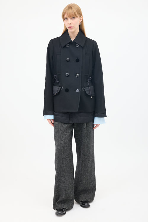 Sacai Black Wool 
Nylon Drawstring Waist Pea Coat