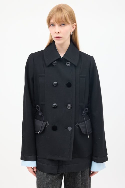 Sacai Black Wool 
Nylon Drawstring Waist Pea Coat