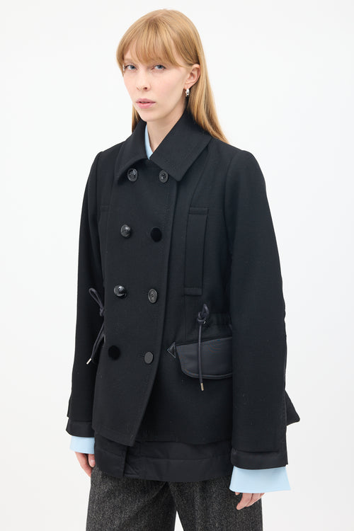 Sacai Black Wool 
Nylon Drawstring Waist Pea Coat