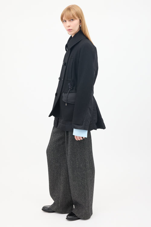 Sacai Black Wool 
Nylon Drawstring Waist Pea Coat