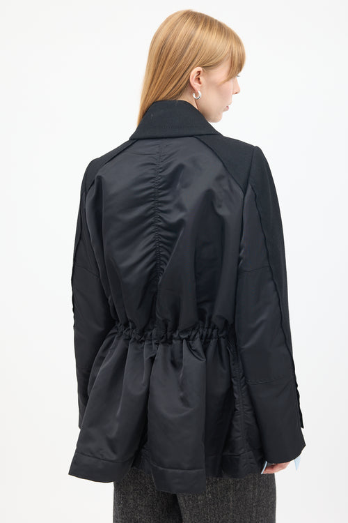 Sacai Black Wool 
Nylon Drawstring Waist Pea Coat