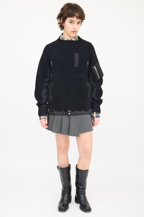 Sacai Black Wool 
Nylon Panelled Mock Neck Sweater