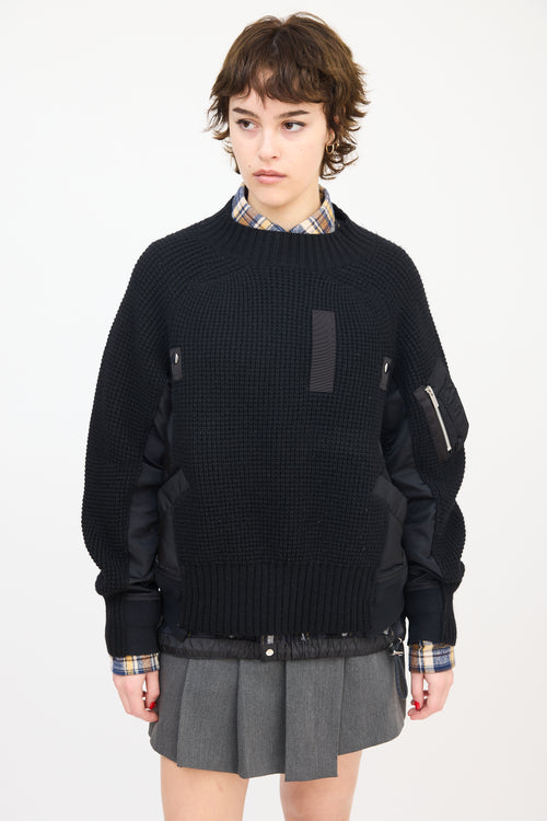 Sacai Black Wool 
Nylon Panelled Mock Neck Sweater