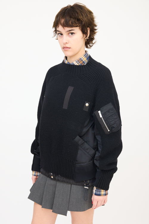 Sacai Black Wool 
Nylon Panelled Mock Neck Sweater