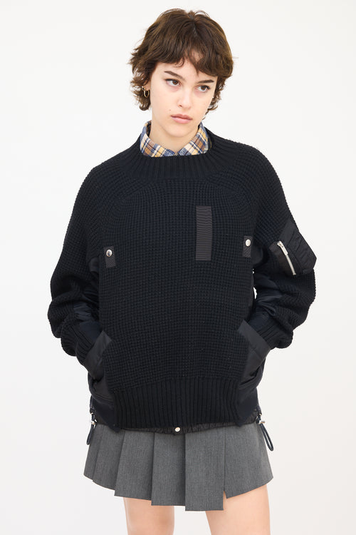 Sacai Black Wool 
Nylon Panelled Mock Neck Sweater