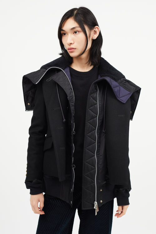 Sacai Black Wool Peacoat Bomber Jacket