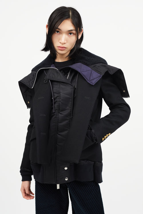 Sacai Black Wool Peacoat Bomber Jacket