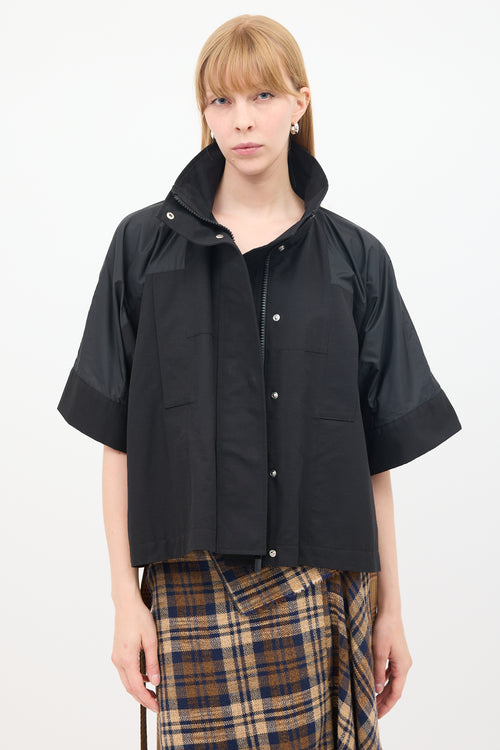 Sacai Black Cotton 
Nylon Panelled Short Sleeve Cape Jacket