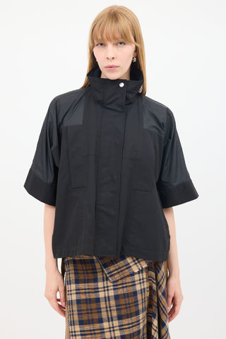 Sacai Black Cotton 
Nylon Panelled Short Sleeve Cape Jacket