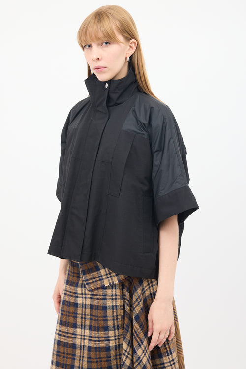 Sacai Black Cotton 
Nylon Panelled Short Sleeve Cape Jacket