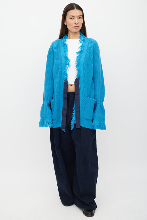 Sacai Blue Wool Fringe Knit Cardigan