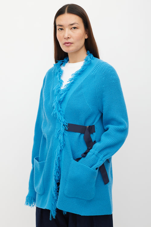 Sacai Blue Wool Fringe Knit Cardigan