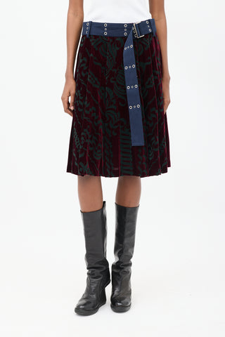 Sacai Burgundy 
Multicolour Velvet Belted Appliqué Skirt