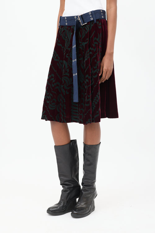 Sacai Burgundy 
Multicolour Velvet Belted Appliqué Skirt