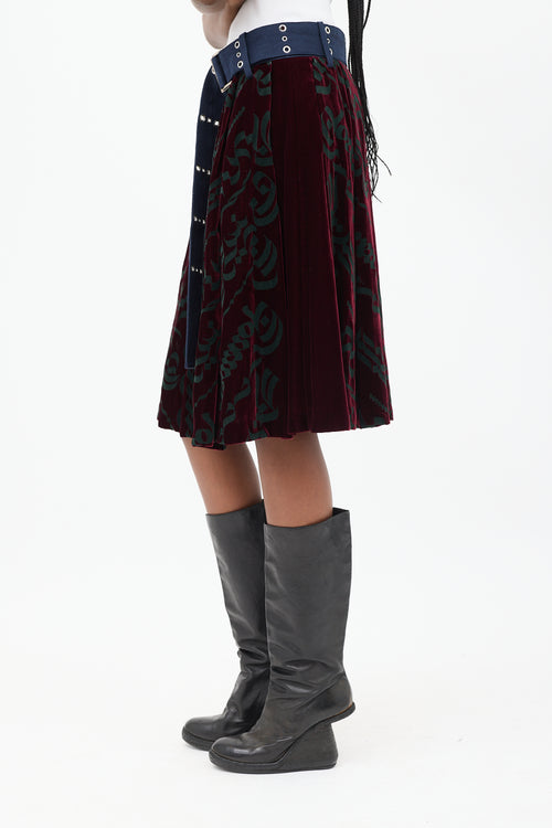 Sacai Burgundy 
Multicolour Velvet Belted Appliqué Skirt