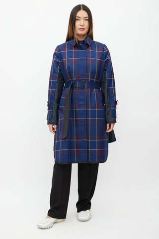 Sacai Fall 2018 Navy Plaid 
Nylon Belted Coat