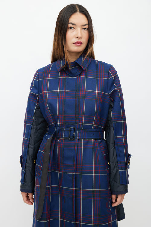 Sacai Fall 2018 Navy Plaid 
Nylon Belted Coat