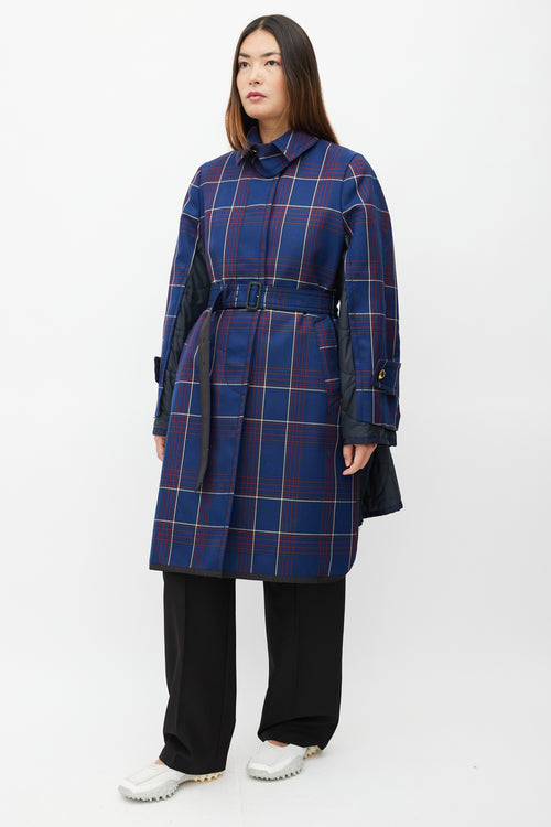 Sacai Fall 2018 Navy Plaid 
Nylon Belted Coat