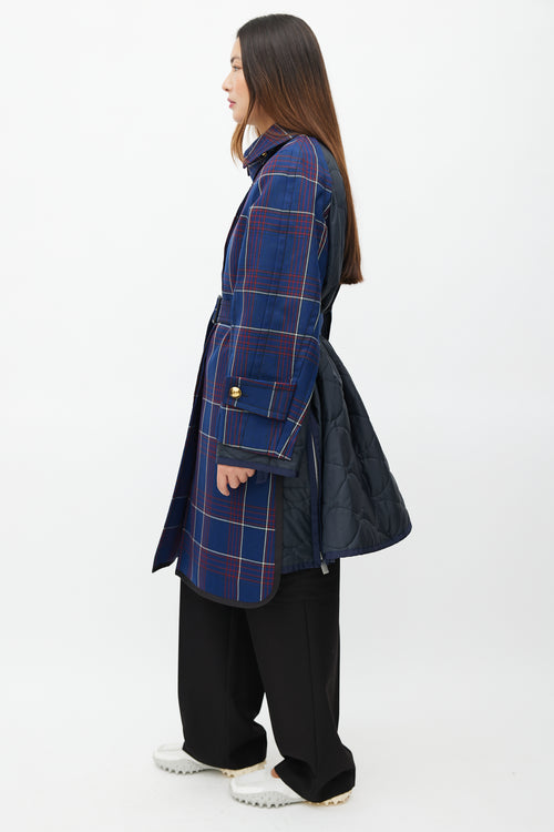 Sacai Fall 2018 Navy Plaid 
Nylon Belted Coat