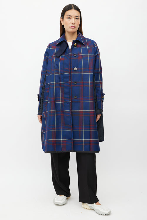 Sacai Fall 2018 Navy Plaid 
Nylon Belted Coat