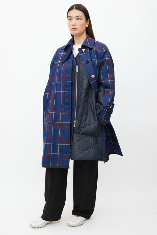 Sacai Fall 2018 Navy Plaid 
Nylon Belted Coat