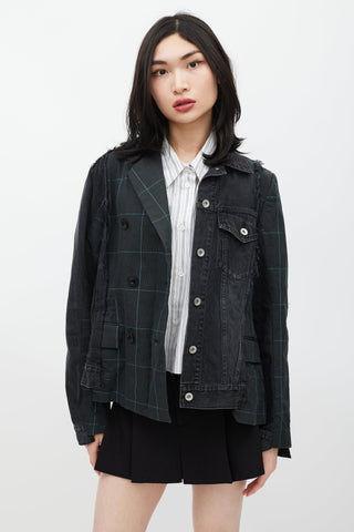 Sacai Grey 
Green Asymmetrical Denim Blazer Jacket