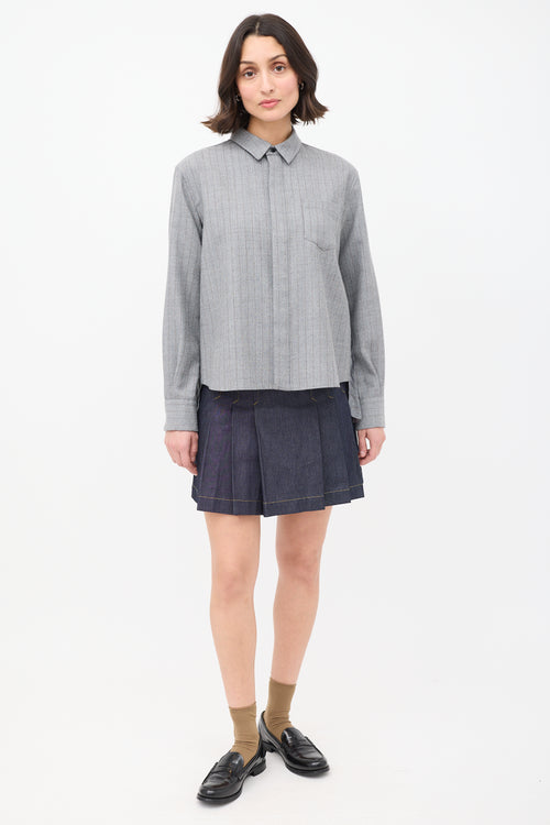 Sacai Grey Wool Pinstripe Pleated Back Shirt