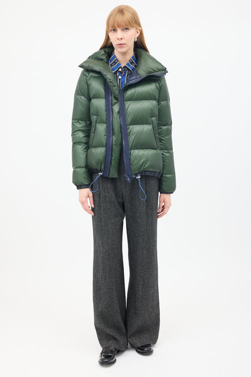 Sacai Luck Green Nylon Asymmetric Zip Puffer Jacket