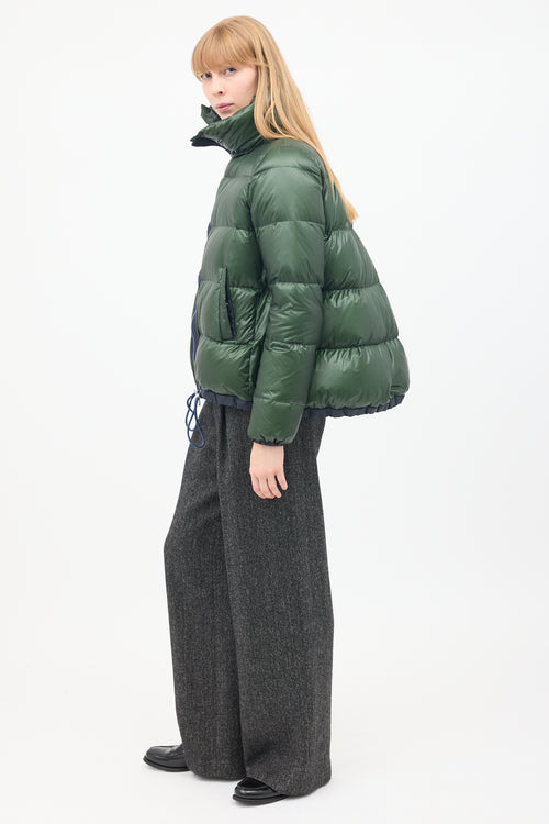 Sacai Luck Green Nylon Asymmetric Zip Puffer Jacket