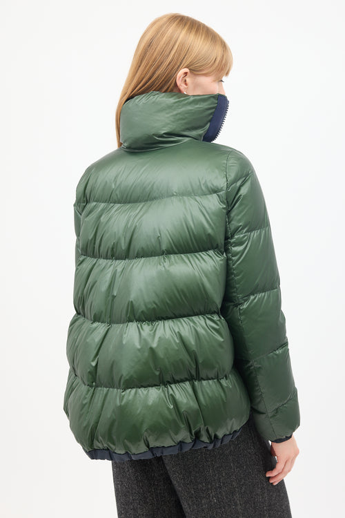 Sacai Luck Green Nylon Asymmetric Zip Puffer Jacket