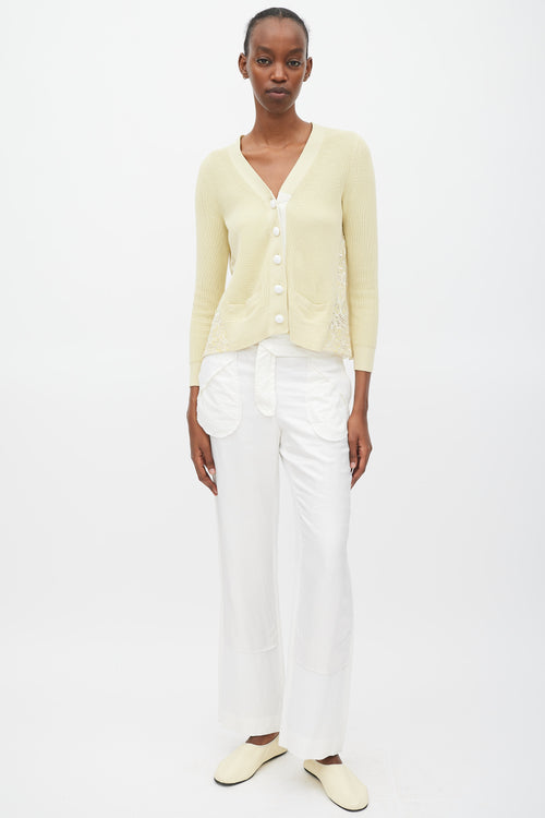 Sacai Luck Yellow 
White Cotton Floral Eyelet Cardigan