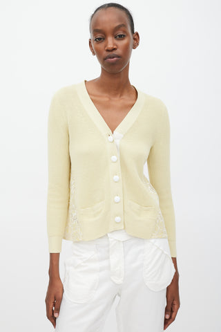 Sacai Luck Yellow 
White Cotton Floral Eyelet Cardigan