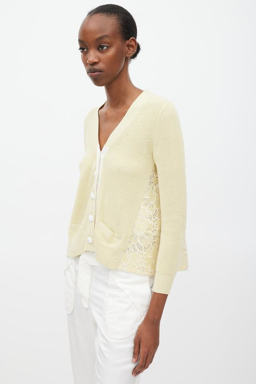 Sacai Luck Yellow 
White Cotton Floral Eyelet Cardigan