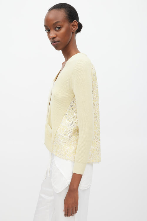 Sacai Luck Yellow 
White Cotton Floral Eyelet Cardigan