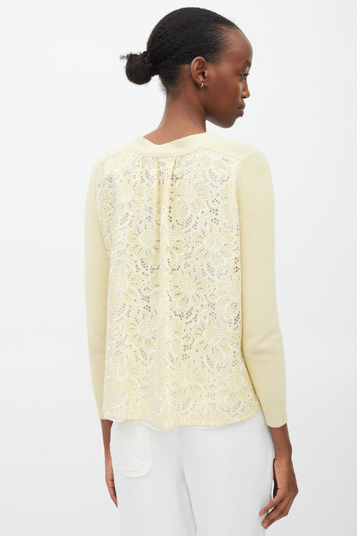 Sacai Luck Yellow 
White Cotton Floral Eyelet Cardigan