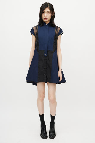 Sacai Navy 
Black Ruffled Mesh Dress