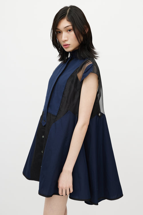 Sacai Navy 
Black Ruffled Mesh Dress