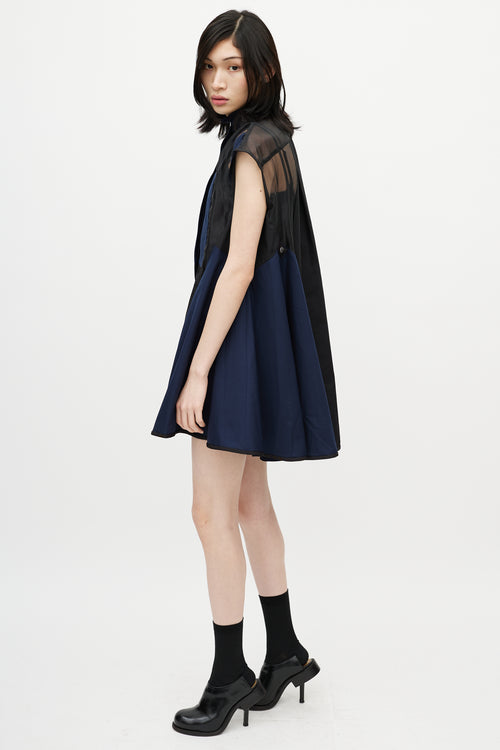 Sacai Navy 
Black Ruffled Mesh Dress