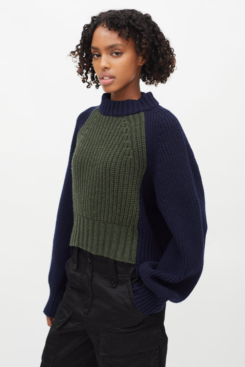 Sacai Navy 
Green Ribbed Knit Sweater