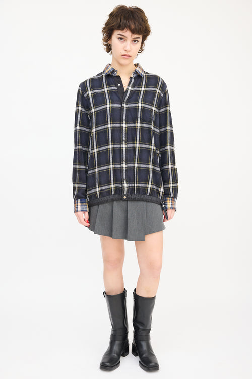 Sacai Navy 
Multi Cotton Drawstring Hem Plaid Shirt