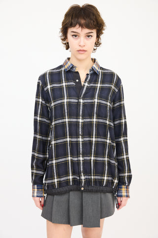 Sacai Navy 
Multi Cotton Drawstring Hem Plaid Shirt