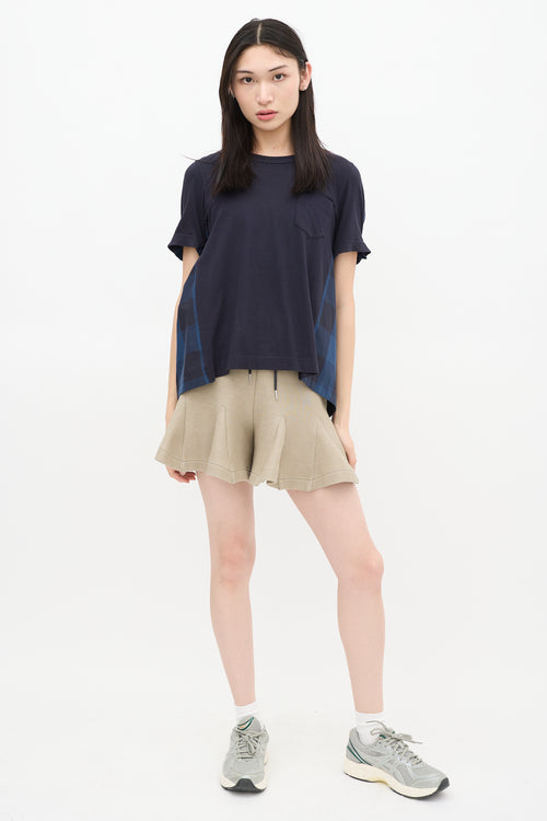 Sacai Navy Pleated Plaid T-Shirt