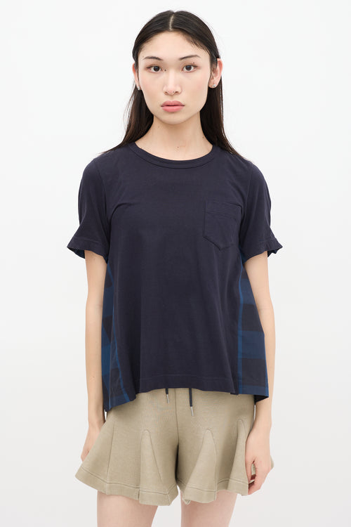 Sacai Navy Pleated Plaid T-Shirt