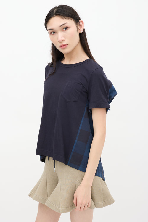 Sacai Navy Pleated Plaid T-Shirt